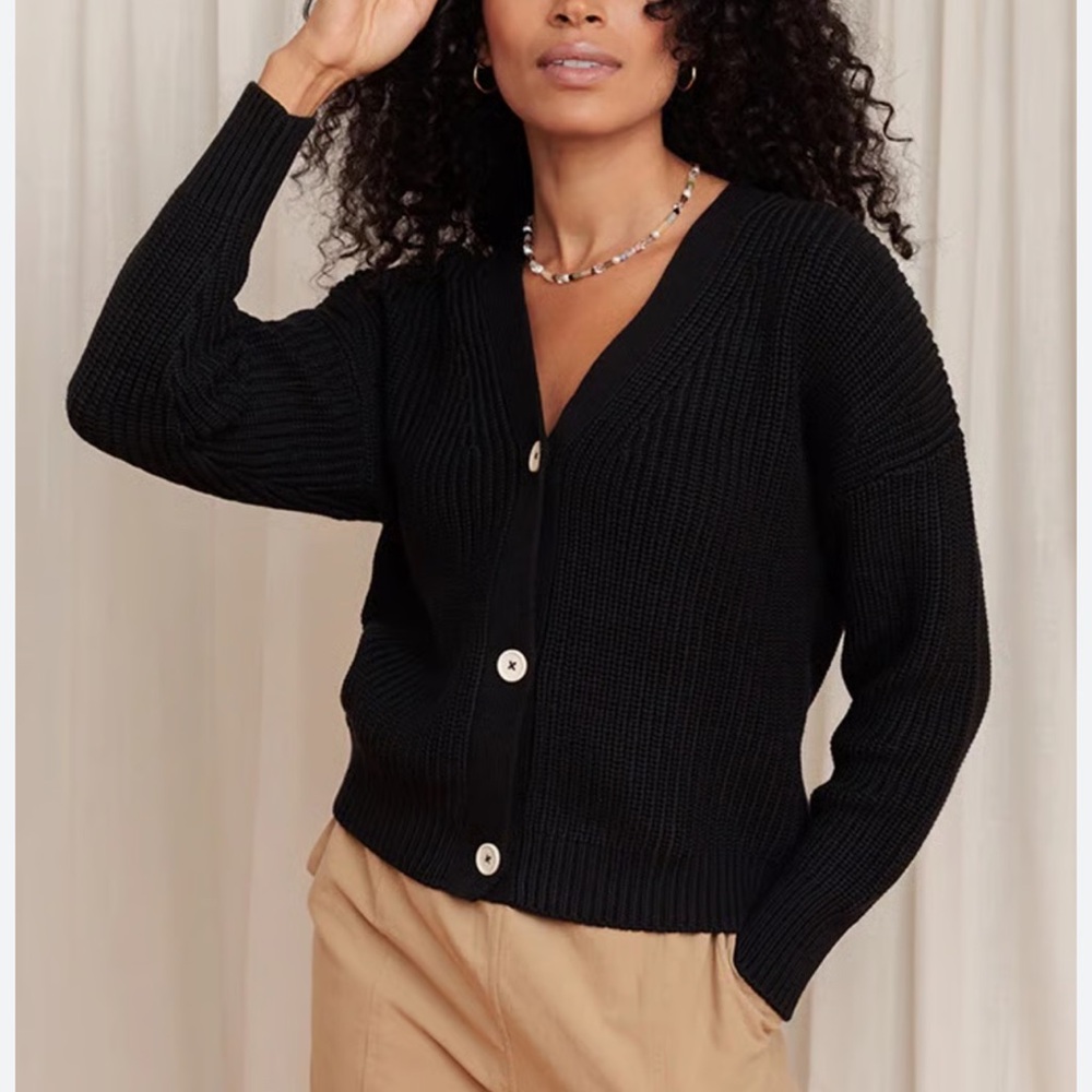 Tradlands The Shelter Cotton Cardigan Black Chunky Ribbed Knit Button Crop-XXS